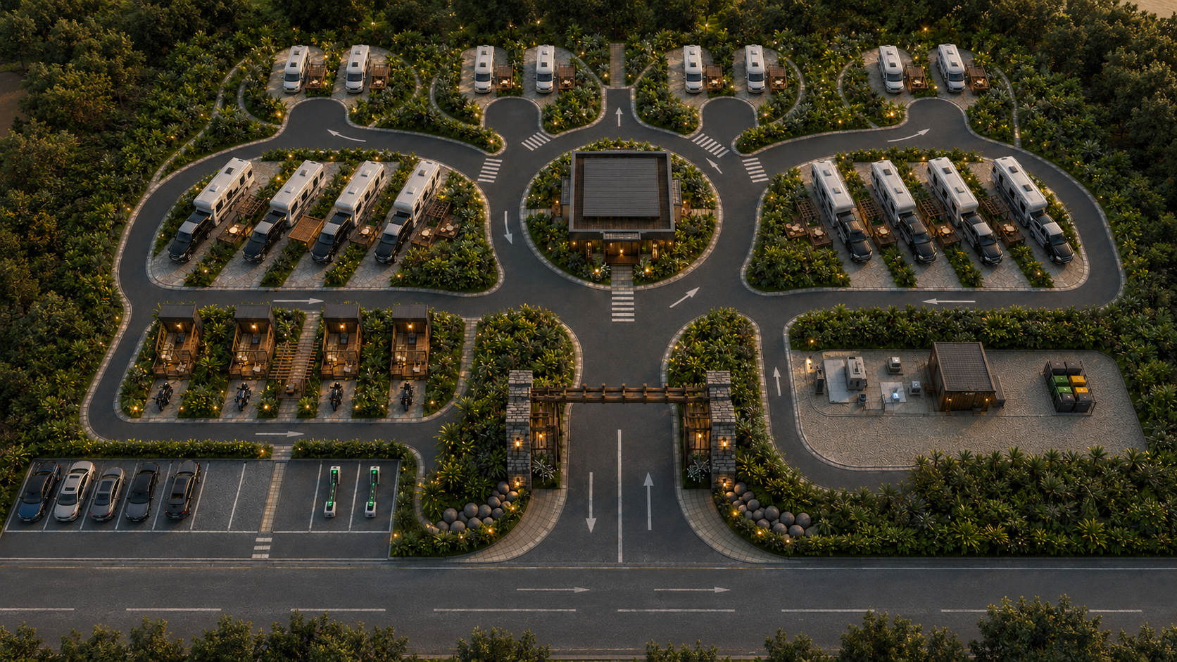 Vue aérienne 3D réaliste du concept Road Hub, avec emplacements standard, emplacements XL, sleep pods et services
